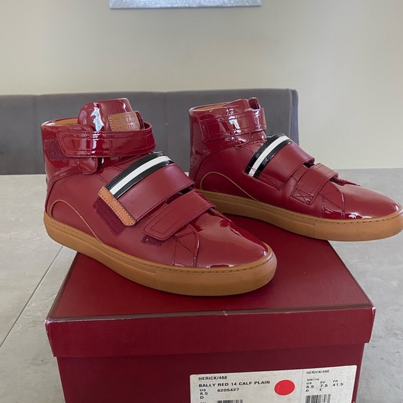 BALLY HERICK RED COLOR BLOCK PATENT LEATHER HI TOP VELCRO STRAPS LOGO SNEAKERS - Picture 3 of 8